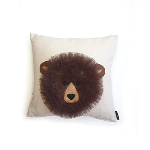 Hazeldee Home Handmade Bear Head cushion with 3D trim.  A great conversational Bear cushion!  Bring some fun and colour into your space with this handmade cushion with a natural bear head cushion with 3D trim on a neutral fabric base!  A one-of-a-kind Hazeldee Home design.