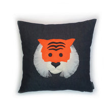 Load image into Gallery viewer, Hazeldee Home Handmade 3D Tiger Head cushion.      A great conversational Tiger cushion!  Bring some fun and colour into your space with this fun cushion with a bold tiger head cushion with 3D mane trim on a black washed denim fabric base!  Approximately 16&quot; x 16&quot; (40cm x 40cm) with a zip at the base.     Comes with a polycotton cushion inner.
