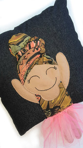 Hazeldee Home Handmade character kid's cushion with headwrap detail, trim and legs that extend from the body of the cushion.    Approximately 16" x 16" (40cm x 40cm) with a centre back zip. Comes with a polycotton cushion inner.  Each Hazeldee Home Munchkin Character Cushion comes with a numbered Certificate of Authenticity.  Black girl, black girl cushion, black girl pillow denim cushion, denim pillow