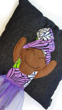 Load image into Gallery viewer, Hazeldee Home Handmade character kid&#39;s cushion with headwrap detail, trim and legs that extend from the body of the cushion.    Approximately 16&quot; x 16&quot; (40cm x 40cm) with a centre back zip. Comes with a polycotton cushion inner.  Each Hazeldee Home Munchkin Character Cushion comes with a numbered Certificate of Authenticity.  Black girl, black girl cushion, black girl pillow denim cushion, denim pillow
