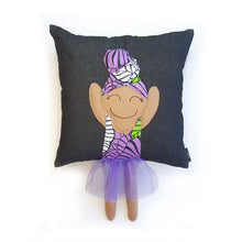 Load image into Gallery viewer, Hazeldee Home Handmade character kid&#39;s cushion with headwrap detail, trim and legs that extend from the body of the cushion.    Approximately 16&quot; x 16&quot; (40cm x 40cm) with a centre back zip. Comes with a polycotton cushion inner.  Each Hazeldee Home Munchkin Character Cushion comes with a numbered Certificate of Authenticity.  Black girl, black girl cushion, black girl pillow denim cushion, denim pillow
