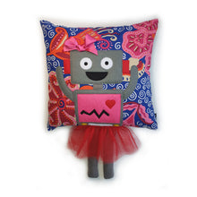 Load image into Gallery viewer, Hazeldee Home Handmade Robot Munchkin Cushion with trim detail and legs that extend from the body of the cushion.    Designed and handmade by Hazeldee Home, these cushions are a bundle of fun! Each Cushion is one-of-a-kind with bright backgrounds and bold contrasting robot character detail!   Approximately 16&quot; x 16&quot; (40cm x 40cm) with a centre back zip. Comes with a polycotton cushion inner.    Each Hazeldee Home Munchkin Character Cushion comes with a numbered Certificate of Authenticity.

