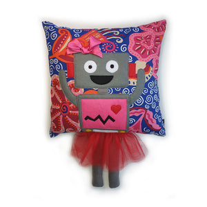 Hazeldee Home Handmade Robot Munchkin Cushion with trim detail and legs that extend from the body of the cushion.    Designed and handmade by Hazeldee Home, these cushions are a bundle of fun! Each Cushion is one-of-a-kind with bright backgrounds and bold contrasting robot character detail!   Approximately 16" x 16" (40cm x 40cm) with a centre back zip. Comes with a polycotton cushion inner.    Each Hazeldee Home Munchkin Character Cushion comes with a numbered Certificate of Authenticity.