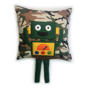Hazeldee Home Handmade Robot Munchkin Cushion with trim detail and legs that extend from the body of the cushion.    Designed and handmade by Hazeldee Home, these cushions are a bundle of fun! Each Cushion is one-of-a-kind with bright backgrounds and bold contrasting robot character detail!   Approximately 16" x 16" (40cm x 40cm) with a centre back zip. Comes with a polycotton cushion inner.    Each Hazeldee Home Munchkin Character Cushion comes with a numbered Certificate of Authenticity. 
