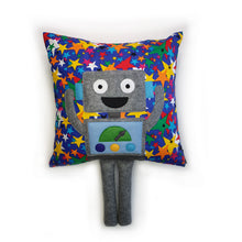 Load image into Gallery viewer, Hazeldee Home Handmade Robot Munchkin Cushion with trim detail and legs that extend from the body of the cushion.    Designed and handmade by Hazeldee Home, these cushions are a bundle of fun! Each Cushion is one-of-a-kind with bright backgrounds and bold contrasting robot character detail!   Approximately 16&quot; x 16&quot; (40cm x 40cm) with a centre back zip. Comes with a polycotton cushion inner.    Each Hazeldee Home Munchkin Character Cushion comes with a numbered Certificate of Authenticity.   
