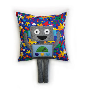 Hazeldee Home Handmade Robot Munchkin Cushion with trim detail and legs that extend from the body of the cushion.    Designed and handmade by Hazeldee Home, these cushions are a bundle of fun! Each Cushion is one-of-a-kind with bright backgrounds and bold contrasting robot character detail!   Approximately 16" x 16" (40cm x 40cm) with a centre back zip. Comes with a polycotton cushion inner.    Each Hazeldee Home Munchkin Character Cushion comes with a numbered Certificate of Authenticity.   
