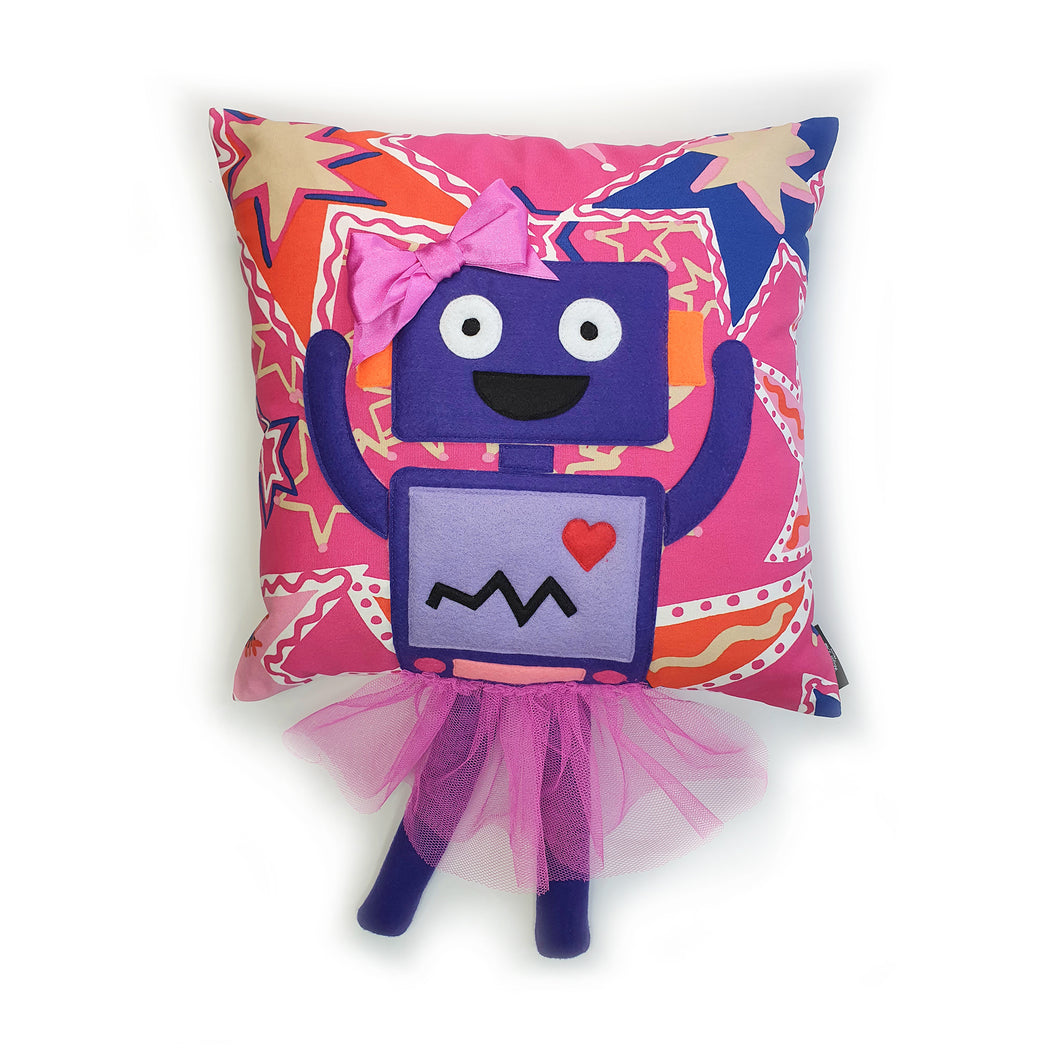 Hazeldee Home Handmade Robot Munchkin Cushion with trim detail and legs that extend from the body of the cushion.    Designed and handmade by Hazeldee Home, these cushions are a bundle of fun! Each Cushion is one-of-a-kind with bright backgrounds and bold contrasting robot character detail!   Approximately 16