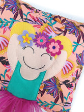 Load image into Gallery viewer, Frida Kahlo cushion inspired by artist Frida Kahlo with trim and legs that extend from the body of the cushion.    Designed and handmade by Hazeldee Home, these cushions are a bundle of fun! Each Cushion is one-of-a-kind with bright backgrounds, different skin tones and hairstyles with flowers to match!   Frida Kahlo was a Mexican painter known for self-portraits and use of bright colour.   Approximately 16&quot; x 16&quot; (40cm x 40cm) with a centre back zip. Comes with a polycotton cushion inner.
