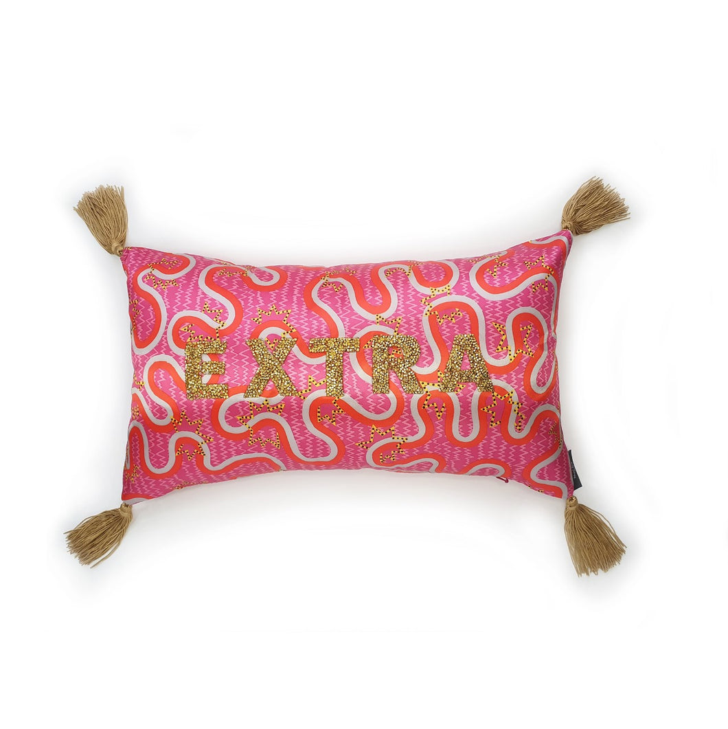 EXTRA Pink Swirl Bling Tassel Cushion Handmade silky pink swirl cushion with gold rhinestone embellished letters spelling 'EXTRA' and finished with bold silky antique gold tassels.   Perfect for the person who loves a little something 'EXTRA' or 'BOUJEE' and lives life as such!  Bold, sassy and fun, this cushion certainly makes a statement to any space!  And of course those tassels add that 'EXTRA' touch of glamour! 12