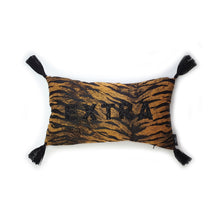 Load image into Gallery viewer, Handmade black and orange Tiger jacquard cushion with black rhinestone embellished letters spelling &#39;EXTRA&#39; and finished with bold silky black tassels. A fun yet sophisticated take on animal homewares. Black rhinestone letters continues the bold but paired back theme. Perfect for the person who loves a little something &#39;EXTRA&#39; or &#39;BOUJEE&#39; and lives life as such!  Bold, sassy and fun, this cushion certainly makes a statement to any space! And of course those tassels add that &#39;EXTRA&#39; touch of glamour!
