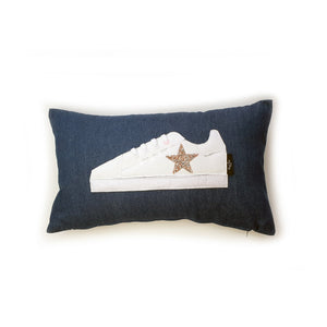 Hazeldee Home Handmade White Trainer Cushion with Pink/Silver Embellished Star on a Blue denim lumbar shape with real laces!  Approximately 12" x 20" (30cm x 50cm) with a zip opening.   Comes with a polycotton cushion inner.