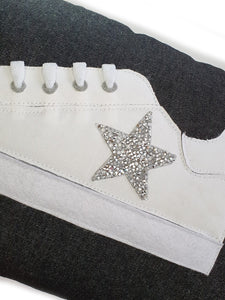Hazeldee Home Handmade White Trainer Cushion with Silver/Clear Embellished Star on a black denim lumbar shape with real laces!  Approximately 12" x 20" (30cm x 50cm) with a zip opening.   Comes with a polycotton cushion inner.