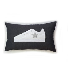 Load image into Gallery viewer, Hazeldee Home Handmade White Trainer Cushion with Silver/Clear Embellished Star on a black denim lumbar shape with real laces!  Approximately 12&quot; x 20&quot; (30cm x 50cm) with a zip opening.   Comes with a polycotton cushion inner.
