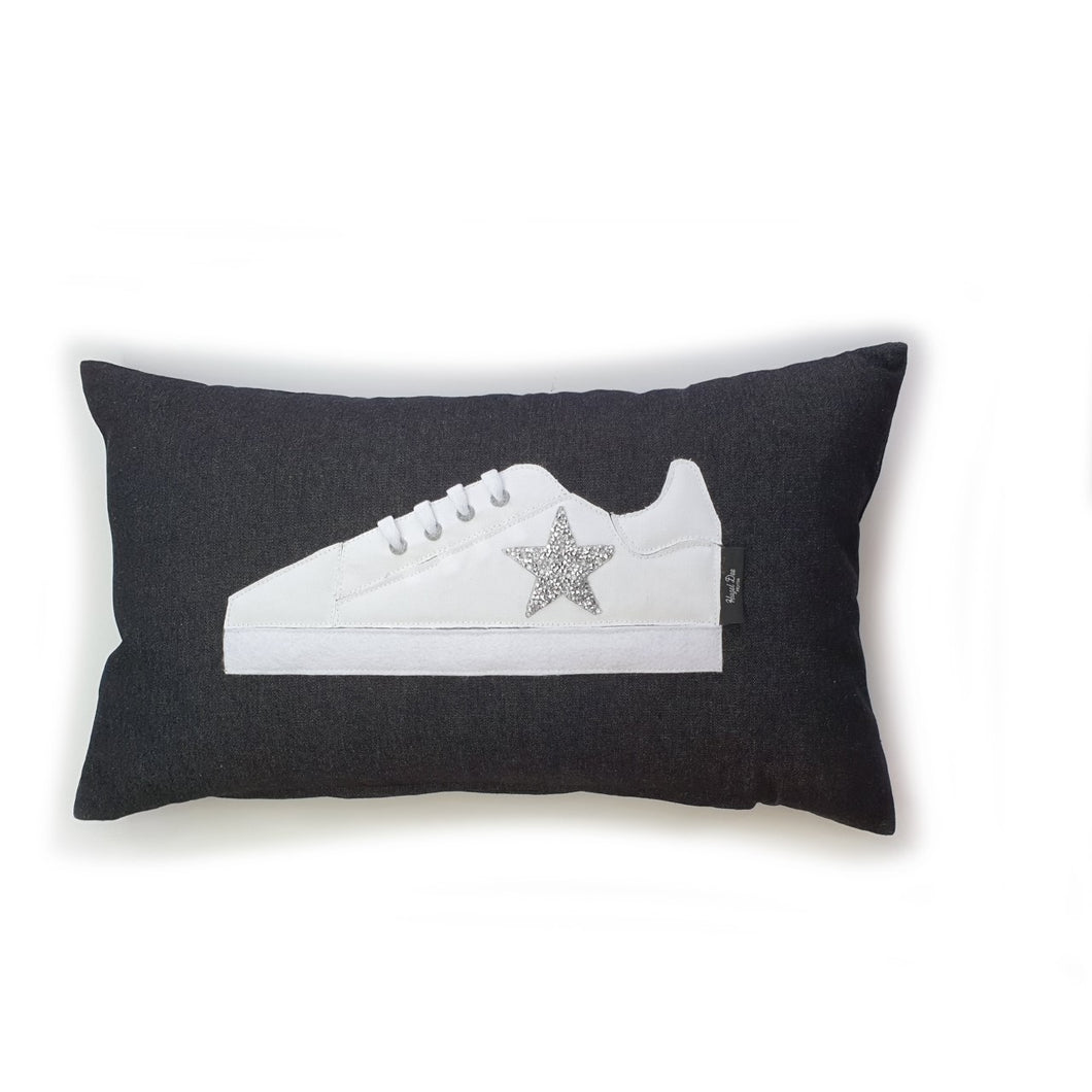 Hazeldee Home Handmade White Trainer Cushion with Silver/Clear Embellished Star on a black denim lumbar shape with real laces!  Approximately 12