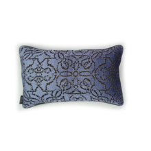 Load image into Gallery viewer, lilac velvet cushion with a textured pattern.  A Hazeldee Home Limited Edition Handmade textured lilac velvet cushion with silky grey embroidered filigree pattern and satin grey piping.    Approximately 12&quot; x 20&quot; (30cm x 50cm) with a concealed zip.   Comes with a polycotton lined cushion inner.  Do not wash, Dry Clean Only.
