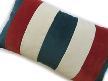 Load image into Gallery viewer, Hazeldee Home Handmade cotton Italian velvet striped rectangle cushion.  A regular stripe lumbar cushion with influences taken from the delightful coast.  Forest green, rust and off-white velvet stripes that have a beautiful geometric aesthetic.  A great addition to minimalist décor, a fantastic way to introduce colour and an accompaniment to a maximalist interior.   Great by itself or paired with cushions from the Accent Collection, this style truly makes a statement!  
