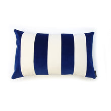 Load image into Gallery viewer, Hazeldee Home A regular stripe lumbar cushion with influences taken from the delightful coast.  Cobalt and off white velvet stripes that have a beautiful geometric aesthetic.  A great addition to minimalist décor, a fantastic way to introduce colour and an accompaniment to a maximalist interior.   Great by itself or paired with cushions from the Accent Collection, this style truly makes a statement!  
