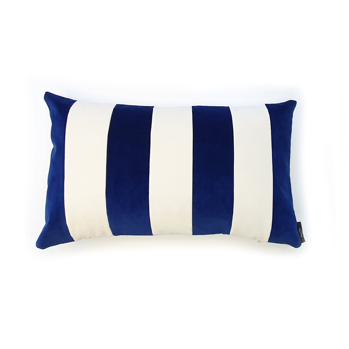 Hazeldee Home A regular stripe lumbar cushion with influences taken from the delightful coast.  Cobalt and off white velvet stripes that have a beautiful geometric aesthetic.  A great addition to minimalist décor, a fantastic way to introduce colour and an accompaniment to a maximalist interior.   Great by itself or paired with cushions from the Accent Collection, this style truly makes a statement!  