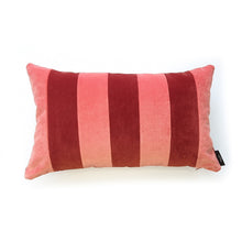 Load image into Gallery viewer, Hazeldee Home Handmade cotton Italian velvet striped rectangle cushion.   A regular stripe lumbar cushion with influences taken from the delightful coast.  Coral and terracotta velvet stripes that have a beautiful geometric aesthetic.  A great addition to minimalist décor, a fantastic way to introduce colour and an accompaniment to a maximalist interior.   Great by itself or paired with cushions from the Accent Collection, this style truly makes a statement!  
