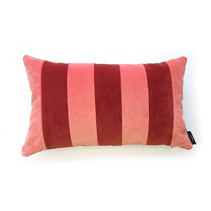 Hazeldee Home Handmade cotton Italian velvet striped rectangle cushion.   A regular stripe lumbar cushion with influences taken from the delightful coast.  Coral and terracotta velvet stripes that have a beautiful geometric aesthetic.  A great addition to minimalist décor, a fantastic way to introduce colour and an accompaniment to a maximalist interior.   Great by itself or paired with cushions from the Accent Collection, this style truly makes a statement!  