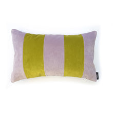 Load image into Gallery viewer, Hazeldee Home A bold stripe lumbar cushion with influences taken from the coast.  Soft lilac and lime velvet stripes that have a beautiful geometric aesthetic.  A great addition to minimalist décor, a fantastic way to introduce colour and an accompaniment to a maximalist interior.   Great by itself or paired with cushions from the Accent Collection, this style truly makes a statement!  
