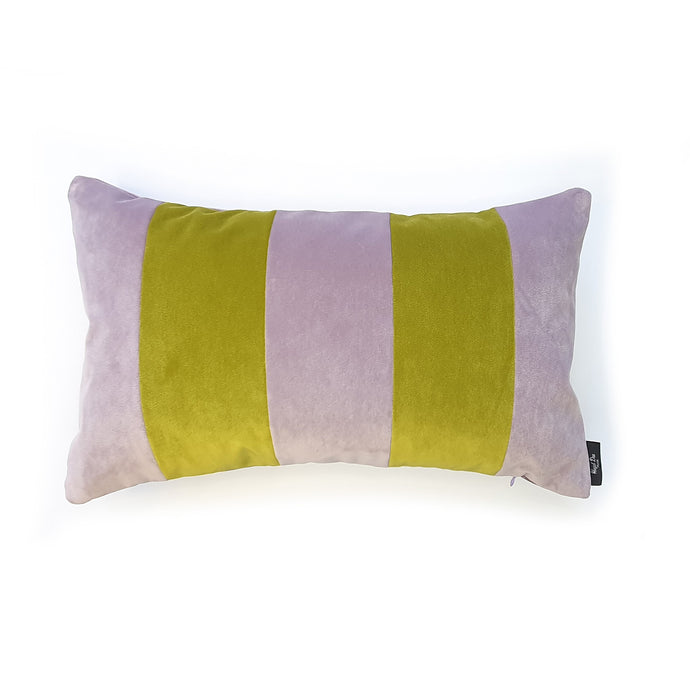 Hazeldee Home A bold stripe lumbar cushion with influences taken from the coast.  Soft lilac and lime velvet stripes that have a beautiful geometric aesthetic.  A great addition to minimalist décor, a fantastic way to introduce colour and an accompaniment to a maximalist interior.   Great by itself or paired with cushions from the Accent Collection, this style truly makes a statement!  