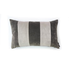 Load image into Gallery viewer, Hazeldee Home Handmade cotton Italian velvet striped rectangle cushion.  A bold stripe lumbar cushion with influences taken from the coast.  Luxurious warm Charcoal Grey paired with tonal light grey velvet stripes that have a beautiful geometric aesthetic.  A great addition to minimalist décor, a fantastic way to introduce colour and an accompaniment to a maximalist interior.   Great by itself or paired with cushions from the Accent Collection, this style truly makes a statement! 
