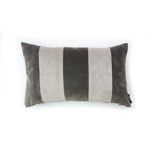 Hazeldee Home Handmade cotton Italian velvet striped rectangle cushion.  A bold stripe lumbar cushion with influences taken from the coast.  Luxurious warm Charcoal Grey paired with tonal light grey velvet stripes that have a beautiful geometric aesthetic.  A great addition to minimalist décor, a fantastic way to introduce colour and an accompaniment to a maximalist interior.   Great by itself or paired with cushions from the Accent Collection, this style truly makes a statement! 