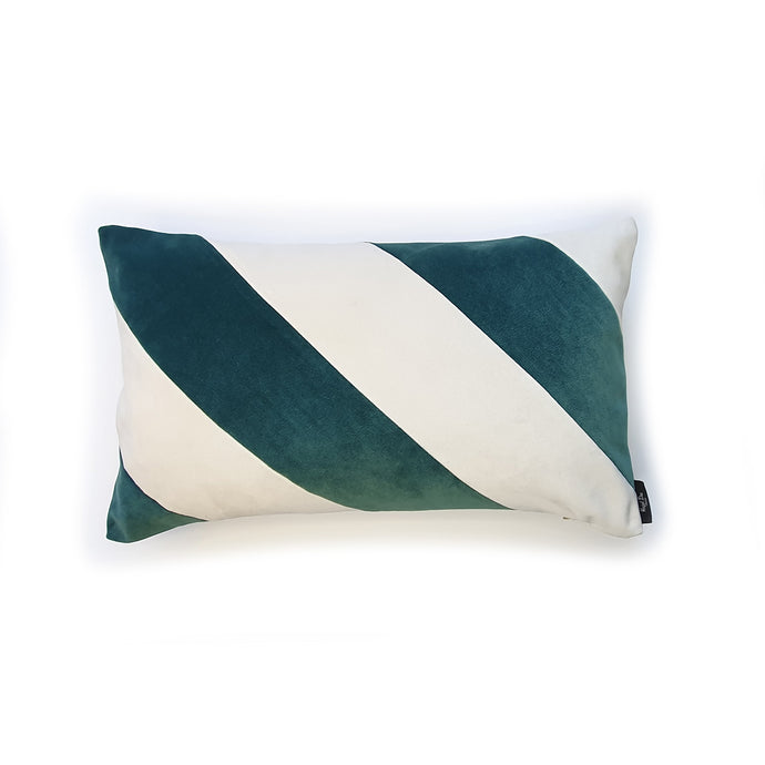 Hazeldee Home Handmade cotton Italian velvet striped rectangle cushion.  A bold diagonal stripe lumbar cushion with influences taken from the coast.  Vibrant teal green paired with off-white velvet stripes that have a beautiful geometric aesthetic.  A great addition to minimalist décor, a fantastic way to introduce colour and an accompaniment to a maximalist interior.   Great by itself or paired with cushions from the Accent Collection, this style truly makes a statement!  