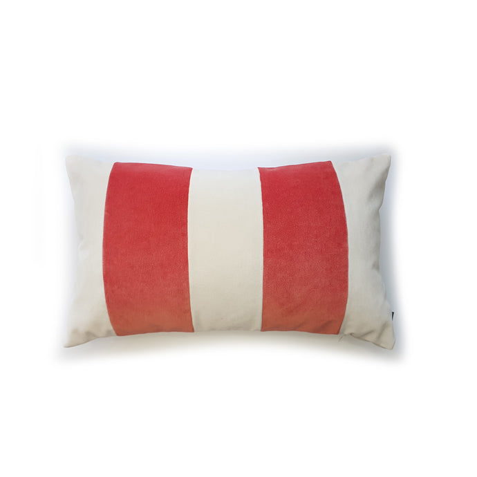 A bold stripe lumbar cushion with influences taken from the coast.  Luxurious vibrant coral paired with contrasting cream velvet stripes that have a beautiful geometric aesthetic.  A fantastic way to introduce colour and an accompaniment to a maximalist interior.   Great by itself or paired with cushions from the Accent Collection, this style truly makes a statement!  