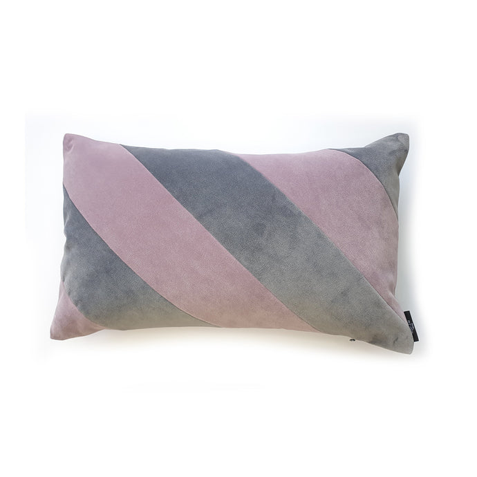 Hazeldee Home Handmade cotton Italian velvet striped rectangle cushion.  A bold diagonal stripe lumbar cushion with influences taken from the coast.  A play on pastels with lilac and grey velvet stripes that have a beautiful geometric aesthetic.  A great addition to minimalist décor, a fantastic way to introduce colour and an accompaniment to a maximalist interior.   Great by itself or paired with cushions from the Accent Collection, this style truly makes a statement!  