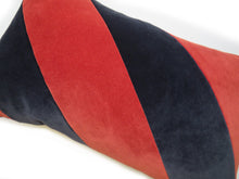 Load image into Gallery viewer, Hazeldee Home Handmade cotton Italian velvet striped rectangle cushion.  A bold diagonal stripe lumbar cushion with influences taken from the coast.  Rich rust paired with navy velvet stripes that have a beautiful geometric aesthetic.  A great addition to minimalist décor, a fantastic way to introduce colour and an accompaniment to a maximalist interior.   Great by itself or paired with cushions from the Accent Collection, this style truly makes a statement!  
