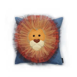 Hazeldee Home Handmade Lion Head illustration character cushion with 3D mane trim.      A great conversational Lion cushion!  Bring some fun and colour into your space with this handmade cushion with a neutral yet striking lion head cushion with 3D mane trim on a light blue washed denim fabric base!  A one-of-a-kind Hazeldee Home design.  Approximately 16" x 16" (40cm x 40cm) with a zip at the base.