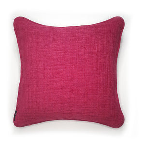 Hazeldee Home One-of-a-kind, Limited Edition handmade conversational, abstract, impression cotton/wool blend jacquard cushion with contrast piped edge and contrast textured fuchsia flip side, making this cushion fully reversible!  Approximately 16" x 16" (40cm x 40cm) square with a concealed zip. 
