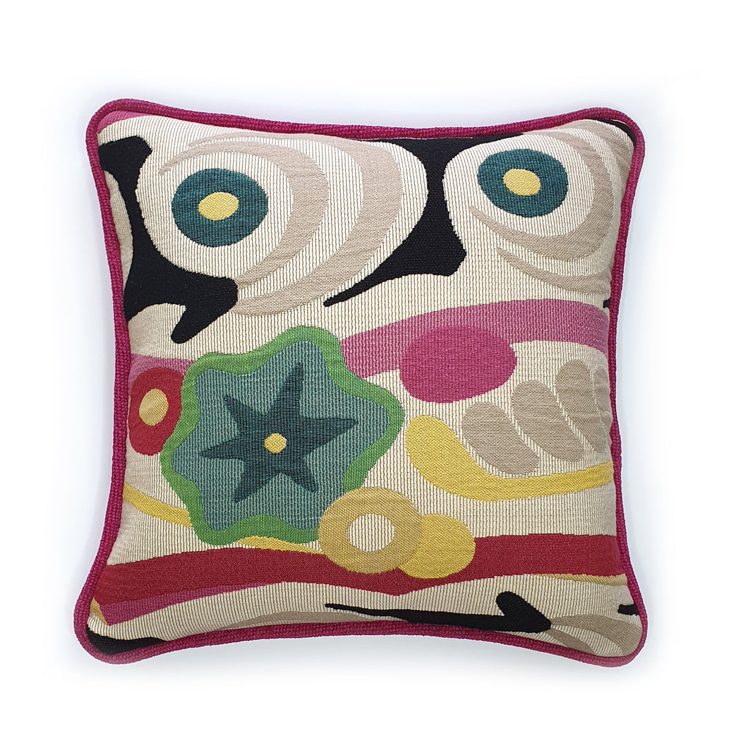 Hazeldee Home One-of-a-kind, Limited Edition handmade conversational, abstract, impression cotton/wool blend jacquard cushion with contrast piped edge and contrast textured fuchsia flip side, making this cushion fully reversible!  Approximately 16