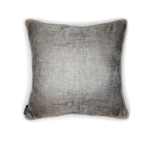 Load image into Gallery viewer, Hazeldee Home Limited Edition Handmade double-sided silver grey cushion using two luxurious silk blend Sahco fabrics.  A bold and mesmerising jacquard organic tentril swirl design that has a three dimensional effect on one side and a shimmering iridescent silk linen semi-plain fabric on the reverse, edged with the same semi plain fabric.   Approximately 18&quot; x 18&quot; (45cm x 45cm) square with a concealed zip. 
