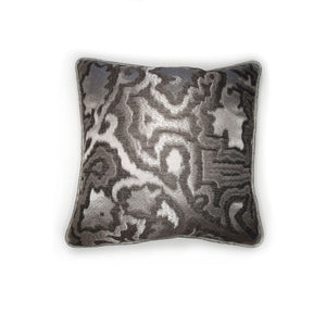 Hazeldee Home Limited Edition Handmade double-sided silver grey cushion using two luxurious silk blend Sahco fabrics.  A bold and mesmerising jacquard organic tentril swirl design that has a three dimensional effect on one side and a shimmering iridescent silk linen semi-plain fabric on the reverse, edged with the same semi plain fabric.   Approximately 18" x 18" (45cm x 45cm) square with a concealed zip. 