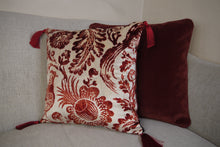 Load image into Gallery viewer, Hazeldee Home Handmade double-sided square velvet cushion with a Dutch inspired design in Regal Red from the Linwood Archive- a cream velvet with rust pheasant and filigree design print one side and Italian rust velvet on the reverse with bold contrast silky tassels.  Approximately 16&quot; x 16&quot; (40cm x 40cm) square with a concealed zip.  Comes with a polycotton lined cushion inner.
