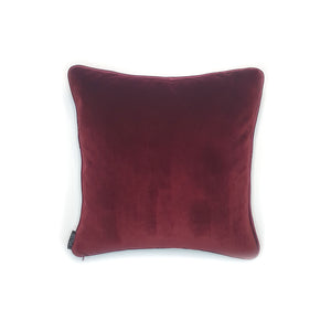 Hazeldee Home handmade double-sided cushion with a decadent silky black winter floral jacquard on one side and rich Italian velvet in burgundy on the reverse, edged with a contrasting burgundy satin.   Approximately 16" x 16" (40cm x 40cm) square with a concealed zip. 