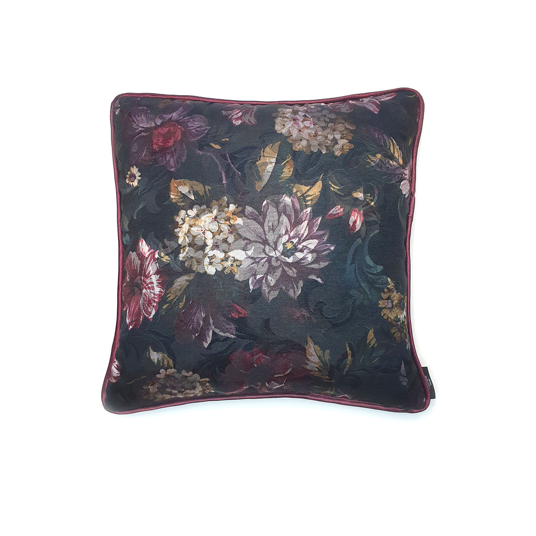 Hazeldee Home handmade double-sided cushion with a decadent silky black winter floral jacquard on one side and rich Italian velvet in burgundy on the reverse, edged with a contrasting burgundy satin.   Approximately 16