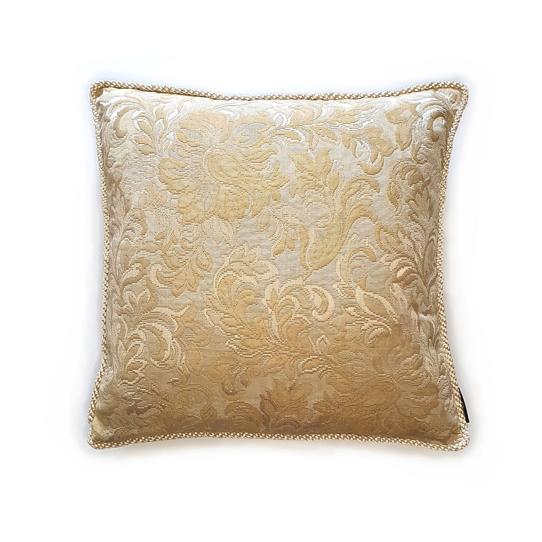 Hazeldee Home Handmade paisley brocade cushion with hand-sewn silky rope edge.  An intricate woven paisley teardrop design with a beautiful selection of matte and silky threads to create a textural design that subtly captures the light.  The finished look has both a classic and contemporary feel.  Approximately 18