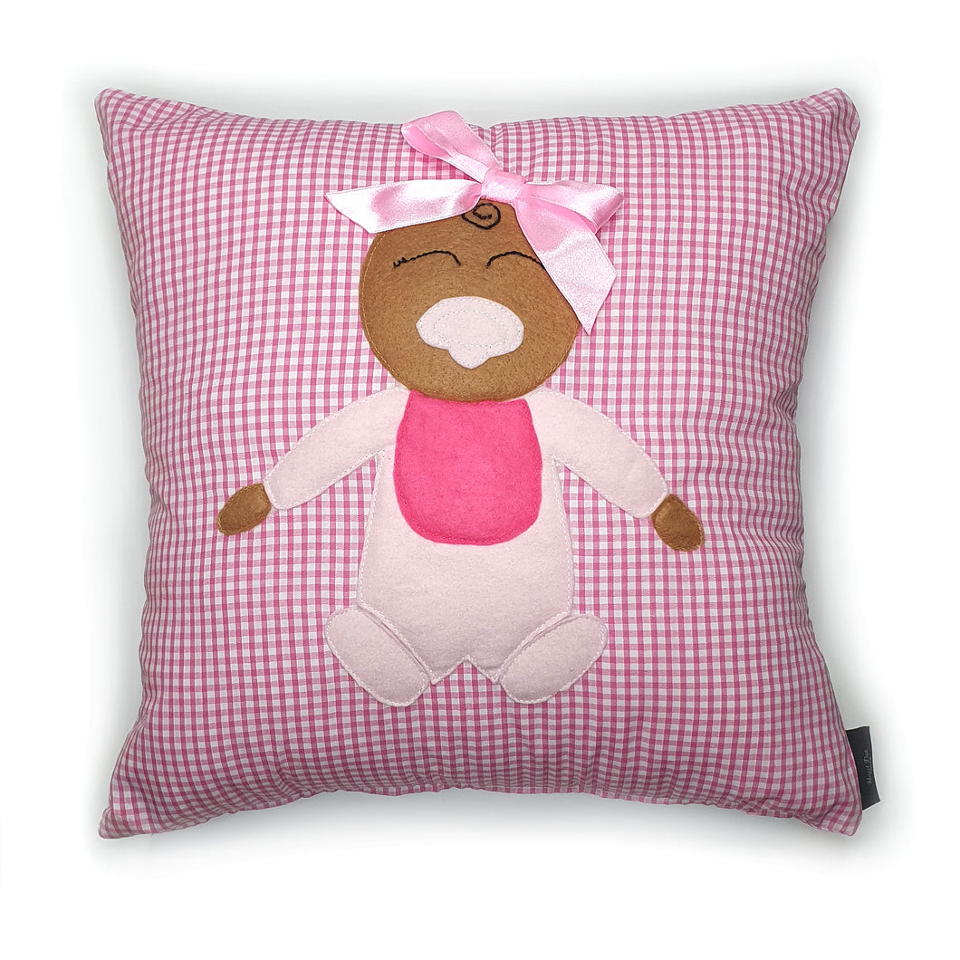 Hazeldee Home Handmade Munchkin Baby cushion on a pink gingham base.   The Munchkin Babies are an extension of the Munchkin Collection and are a great baby shower gift to welcome a new born baby to the world! They are a fantastic addition to a nursey or playroom.  Approximately 16
