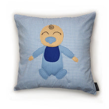Load image into Gallery viewer, Hazeldee Home Handmade Munchkin Baby cushion on a blue gingham base.   The Munchkin Babies are an extension of the Munchkin Collection and are a great baby shower gift to welcome a new born baby to the world! They are a fantastic addition to a nursey or playroom.  Approximately 16&quot; x 16&quot; (40cm x 40cm) with a zip at the base.
