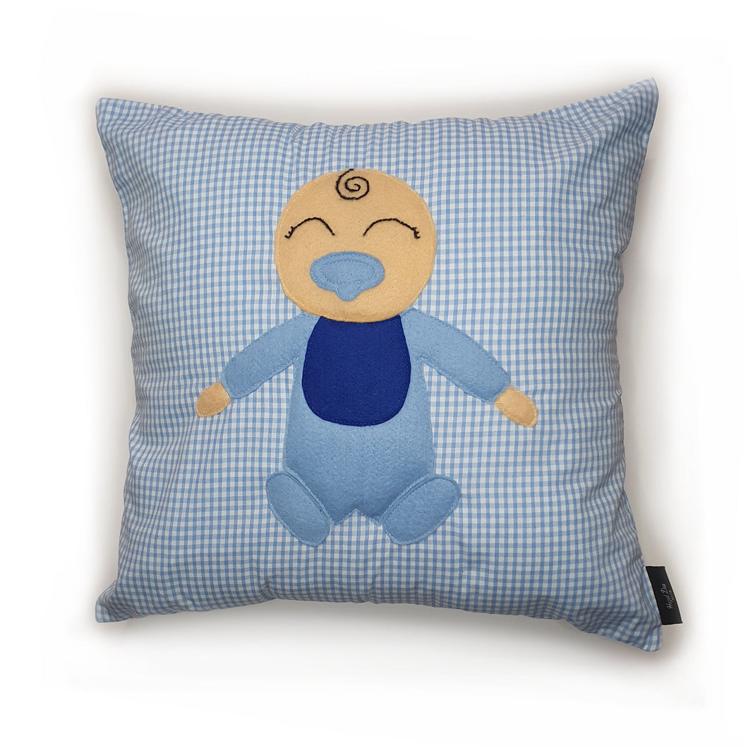 Hazeldee Home Handmade Munchkin Baby cushion on a blue gingham base.   The Munchkin Babies are an extension of the Munchkin Collection and are a great baby shower gift to welcome a new born baby to the world! They are a fantastic addition to a nursey or playroom.  Approximately 16