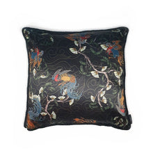 Load image into Gallery viewer, Hazeldee Home Handmade black based oriental print silky satin cushion with contrast silky hand-sewn rope edge. One of the original styles created by Hazeldee Home. A stunning addition to any sofa or bed. The smooth silky texture adds a boudoir like feel to any space.  Approximately 18&quot; x 18&quot; (45cm x 45cm) square with a Concealed zip. .   Comes with a polycotton hollow fibre cushion inner.
