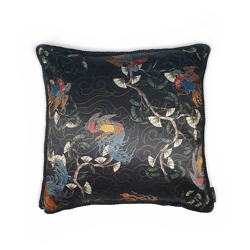 Hazeldee Home Handmade black based oriental print silky satin cushion with contrast silky hand-sewn rope edge. One of the original styles created by Hazeldee Home. A stunning addition to any sofa or bed. The smooth silky texture adds a boudoir like feel to any space.  Approximately 18