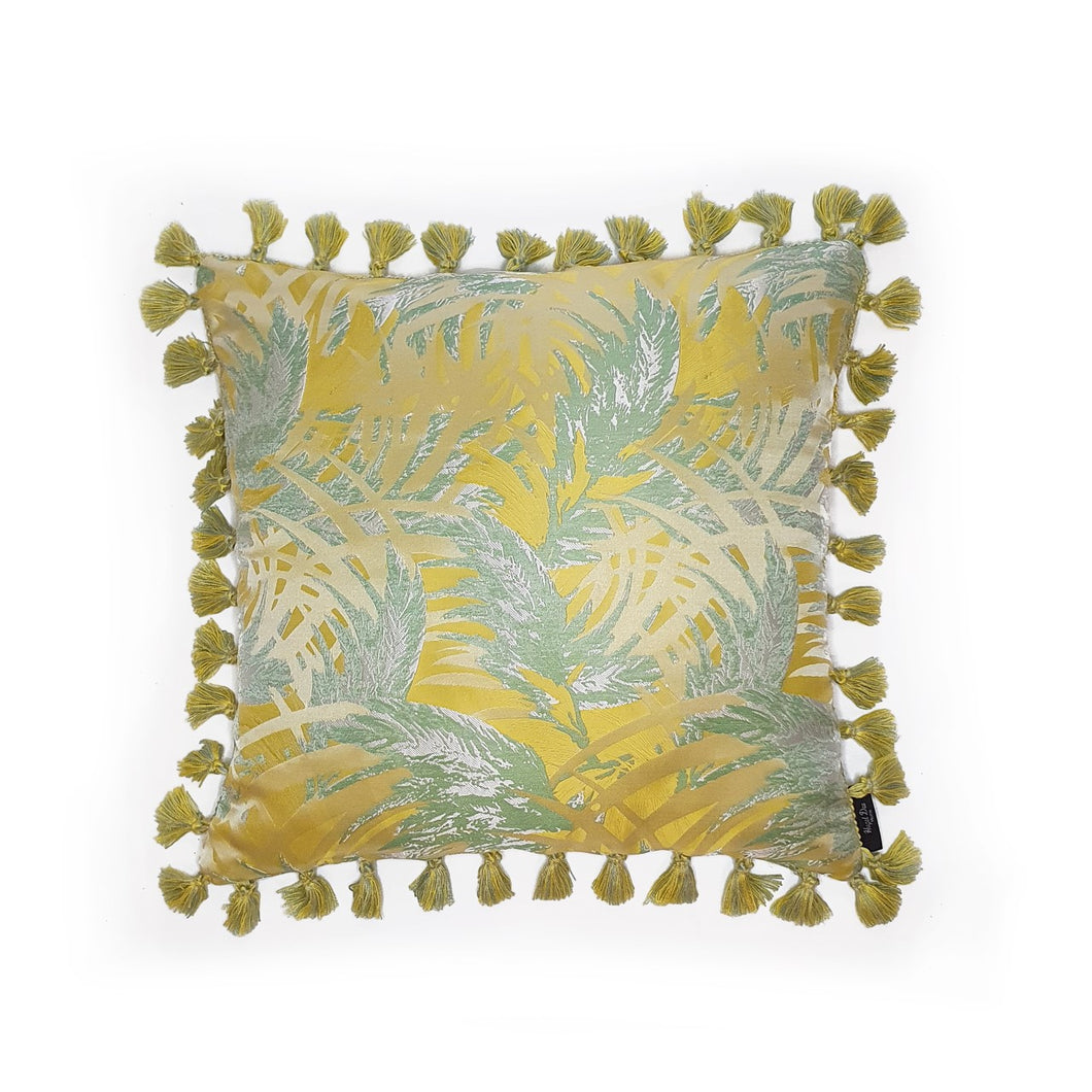 Hazeldee Home Handmade palm jacquard cushion with contrast tassel trim.  This striking yellow and green silky palm jacquard design is fresh and vibrant and a great colour vehicle paired with a fun tassel trim that adds movement and individuality.  Approximately 16