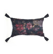 Load image into Gallery viewer, Hazeldee Home Handmade decadent silky black winter floral jacquard lumbar cushion with bold silky black tassels.  Approximately 12&quot; x 20&quot; (30cm x 50cm) with a concealed zip. 
