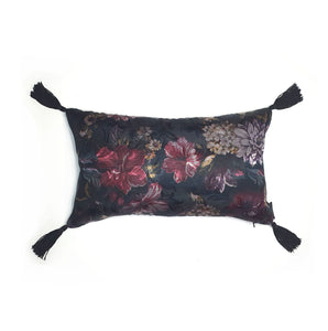 Hazeldee Home Handmade decadent silky black winter floral jacquard lumbar cushion with bold silky black tassels.  Approximately 12" x 20" (30cm x 50cm) with a concealed zip. 